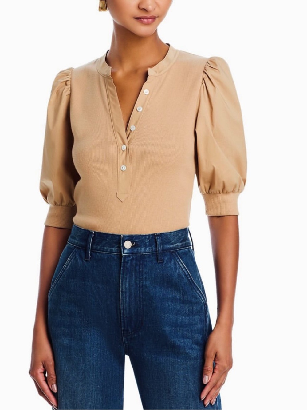 Veronica Beard Coralle Stretch-Cotton Henley in Light Beige